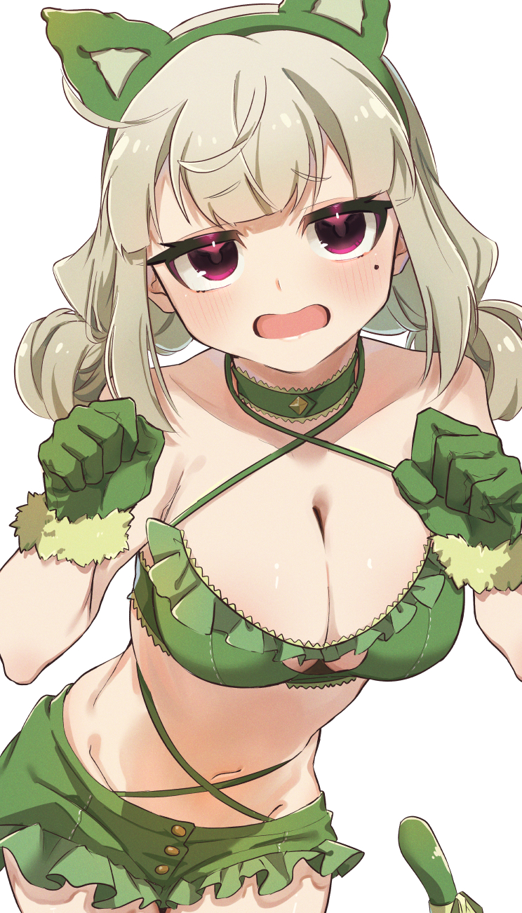 1girl, animal_ears, araga_kiwi, blush, bra, breasts, cat_ears, cat_tail, cleavage, cleavage_cutout, clothing_cutout, commentary_request, eyebrows_hidden_by_hair, fake_animal_ears, fake_tail, feet_out_of_frame, fur-trimmed_gloves, fur_trim, fuurinura, gloves, green_bra, green_gloves, green_hair, green_skirt, highres, large_breasts, leoparde_(mahou_shoujo_ni_akogarete), lingerie, looking_at_viewer, mahou_shoujo_ni_akogarete, medium_hair, official_alternate_costume, open_mouth, paw_pose, red_eyes, simple_background, skirt, solo, tail, underwear, white_background