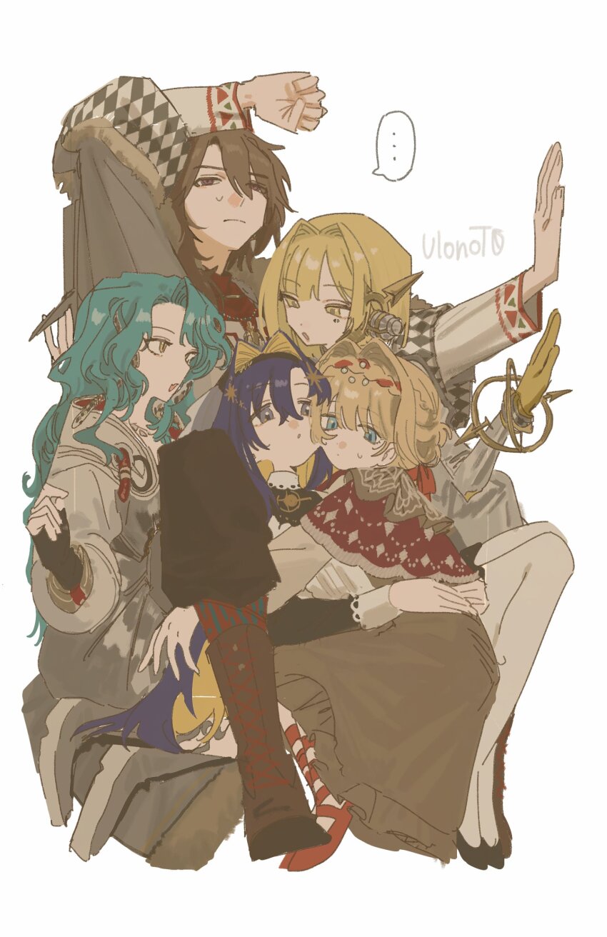 ..., 1boy, 4girls, :d, :o, absurdres, arm_up, black_pants