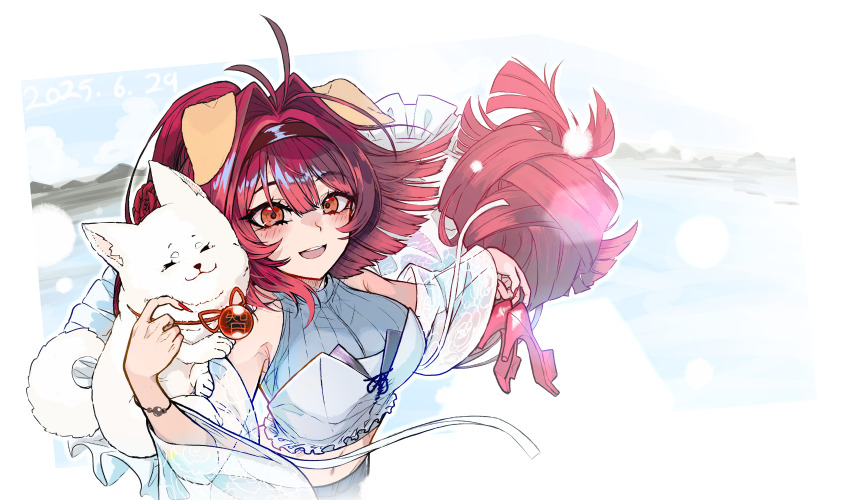 1girl, :d, absurdres, ahoge, akita_inu, animal_ears, bare_arms, bare_shoulders