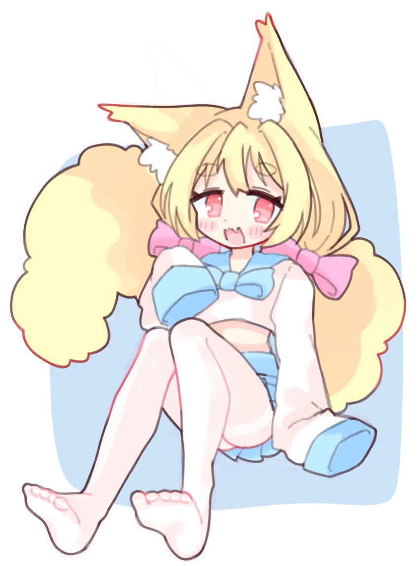1girl, animal_ear_fluff, animal_ears, barefoot, blonde_hair, blush, fang, feet