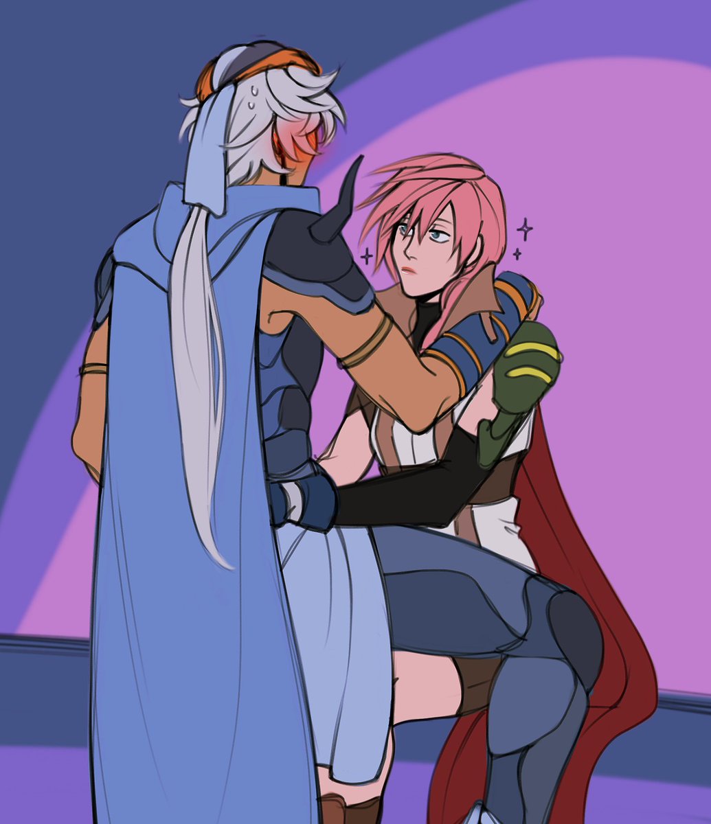 1boy, 1girl, armor, bandana, blue_eyes, blush, cape, dissidia_final_fantasy