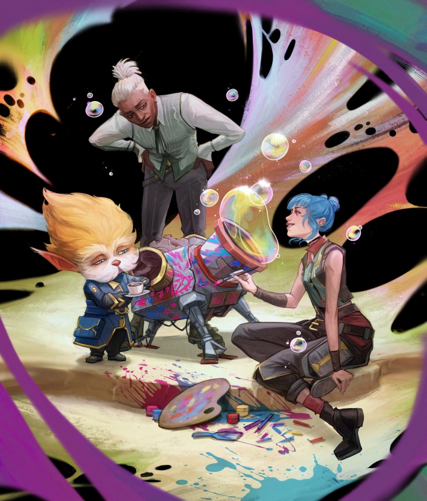 1boy, 1girl, 1other, absurdres, arcane:_league_of_legends, arm_warmers, belt, blue_coat, blue_eyes, blue_hair, boots, bubble_machine, cellar_art, coat, coffee_mug, collared_shirt, cup, dark-skinned_male, dark_skin, ekko_(league_of_legends), full_body, grin, hair_bun, hand_on_own_hip, heimerdinger, high_ponytail, highres, holding, holding_cup, holding_paintbrush, jinx_(league_of_legends), league_of_legends, leaning_in, long_sidelocks, looking_at_another, mug, paint_palette, paint_splatter, paintbrush, pointy_ears, ponytail, powder_(alternate_timeline)_(arcane), shirt, sidelocks, sitting, sitting_on_leg, skeptical, smile, soap_bubbles, striped_clothes, striped_vest, vest, white_hair, white_shirt, yordle