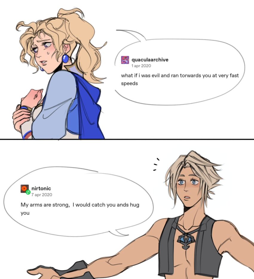 1boy, 1girl, blue_cape, blue_eyes, blush, cape, dissidia_final_fantasy, earrings, english_text, final_fantasy, final_fantasy_vi, final_fantasy_xii, highres, in-franchise_crossover, jewelry, long_hair, multiakimo, official_alternate_costume, outstretched_arms, ponytail, screenshot_inset, short_hair, standing, sweatdrop, tina_branford, tumblr_ask, vaan_(ff12), vest