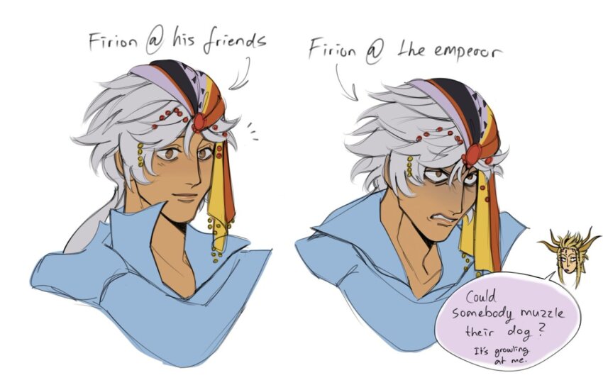 2boys, angry, arrow_(symbol), bandana, blonde_hair, blue_shirt, brown_eyes, chibi