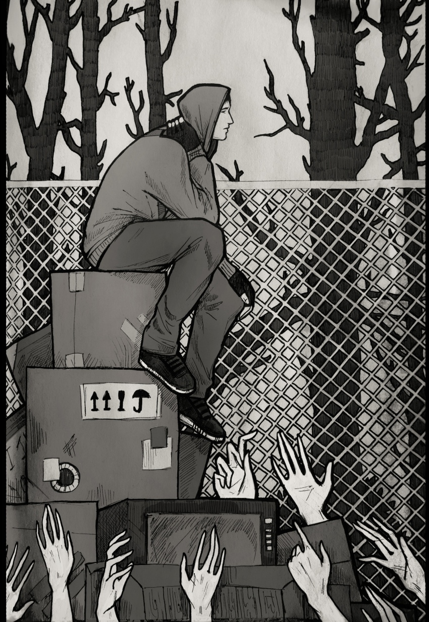 1boy, bare_tree, black_gloves, box, cardboard_box, cellar_art, cry_of_fear, fence