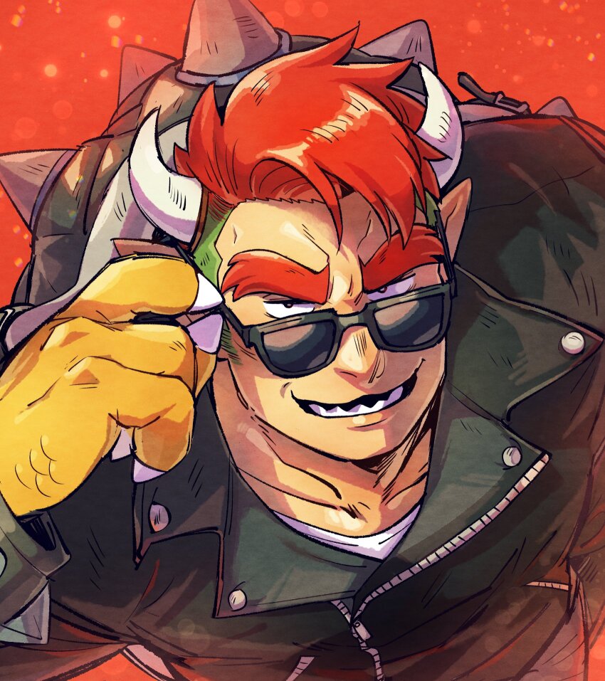 1boy, adjusting_eyewear, arm_up, black_jacket, bowser, bowser_(biker), claws, collarbone, crew_neck, green_hair, grin, highres, horns, humanization, jacket, lapels, leather, leather_jacket, male_focus, mario_(series), mario_kart, mario_kart_world, multicolored_hair, nintendo, notched_lapels, partial_humanization, partially_unzipped, pointy_ears, red_hair, sanpaku, shirt, smile, solo, spiked_shell, spikes, sunglasses, teeth, thick_eyebrows, turtle_shell, two-tone_hair, upper_body, white_shirt, yowasabimechaoc, zipper, zipper_pull_tab