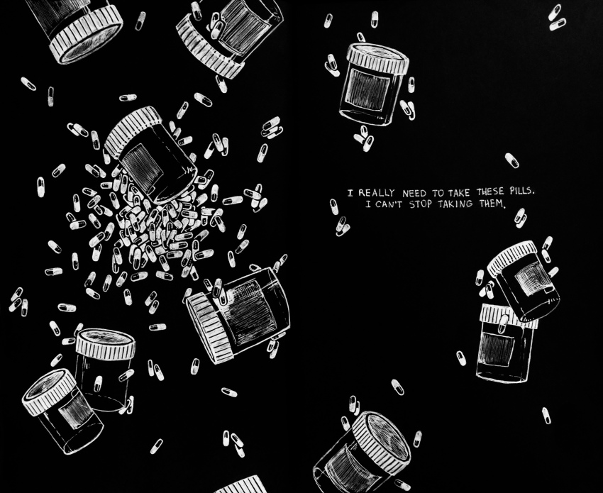 afraid_of_monsters, black_background, cellar_art, color_contrast, david_leatherhoff, drugs, english_text, greyscale