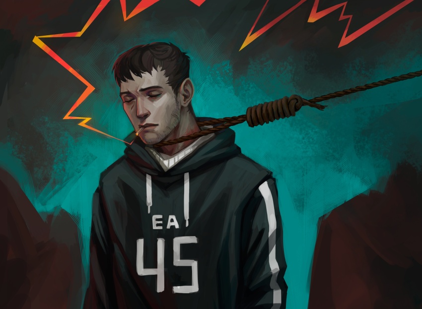 1boy, afraid_of_monsters, brown_hair, cellar_art, cigarette, closed_eyes, david_leatherhoff, facial_hair