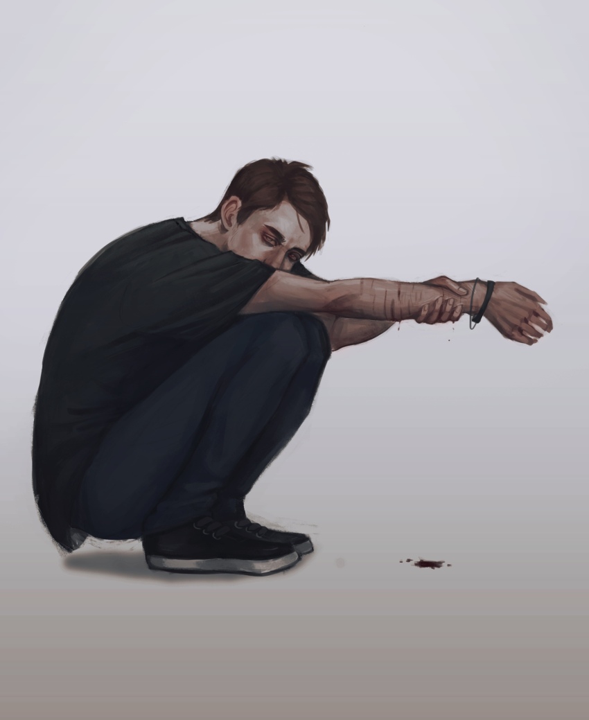 1boy, bags_under_eyes, bleeding, blood, blood_drip, blood_on_ground, bracelet, brown_eyes