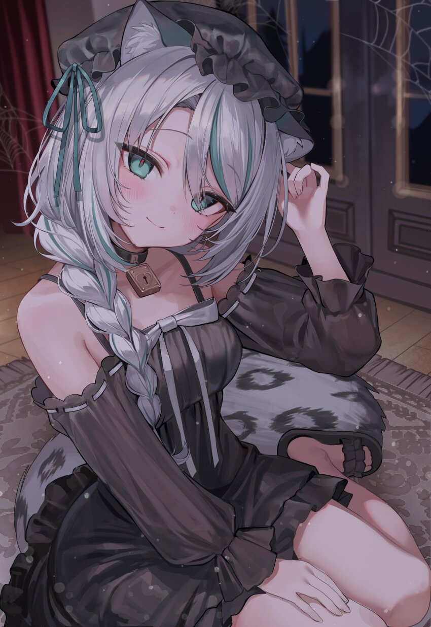 1girl, adjusting_hair, animal_ears, bare_shoulders, black_choker, black_nightgown, black_sandals, braid, choker, green_eyes, green_streaks, grey_hair, hand_on_lap, hat, highres, hinamori_anthea, indie_virtual_youtuber, indoors, iruka3, lace-trimmed_nightgown, light_blush, long_hair, looking_at_viewer, low-braided_long_hair, low-tied_long_hair, multicolored_hair, night, nightcap, nightgown, off-shoulder_pajamas, on_floor, padlocked_choker, parted_bangs, red_pupils, rug, sandals, sidelocks, silk, sitting, smile, snow_leopard_ears, snow_leopard_girl, snow_leopard_tail, solo, spider_web, streaked_hair, tail, virtual_youtuber