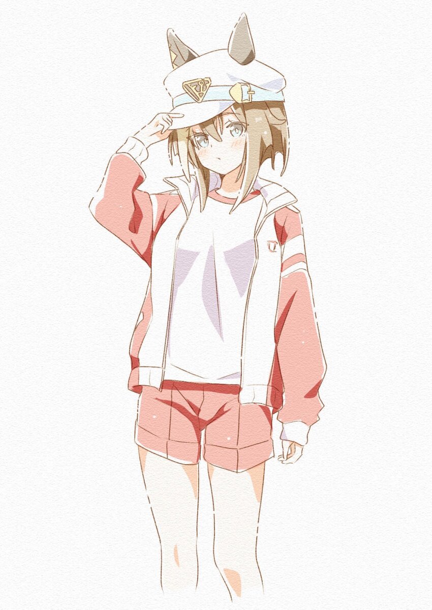 1girl, animal_ear_headwear, animal_ears, arm_at_side, blue_eyes, breasts, brown_hair, cheval_grand_(umamusume), closed_mouth, cropped_legs, fake_animal_ears, gym_uniform, hakugitsu, hand_on_headwear, hat, hat_belt, highres, horse_ears, jacket, light_blush, long_hair, long_sleeves, looking_at_viewer, open_clothes, open_jacket, pale_color, red_jacket, red_shorts, shirt, short_hair, shorts, simple_background, small_breasts, solo, standing, track_jacket, umamusume, white_background, white_hat, white_shirt