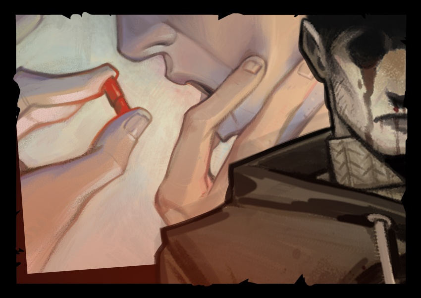 2boys, afraid_of_monsters, black_border, black_hoodie, blood, border, cellar_art, david_leatherhoff