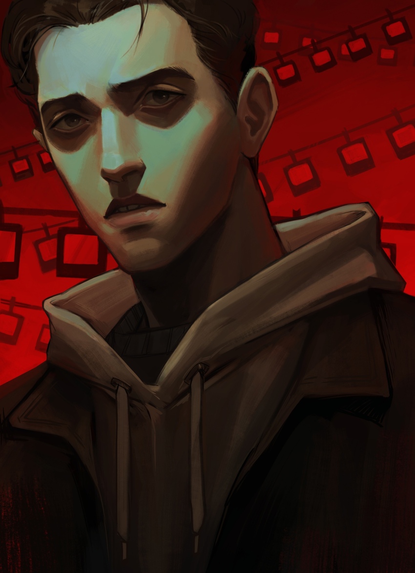 1boy, bags_under_eyes, black_coat, brown_eyes, brown_hair, cellar_art, character_request, coat