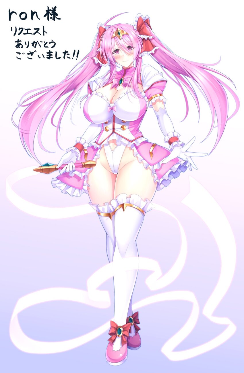 1girl, ahoge, arty_cherry, blush, bow, breasts, cela_f, cleavage, clothing_cutout, commission, dress, elbow_gloves, frills, full_body, gloves, gradient_background, hair_bow, harukaze_mai_(tsmg_nao!), highleg, highres, holding, huge_breasts, large_breasts, leotard, long_hair, looking_at_viewer, magical_girl, navel_cutout, pink_bow, pink_eyes, pink_hair, puffy_short_sleeves, puffy_sleeves, red_bow, ribbon, short_sleeves, skeb_commission, skirt, smile, solo, standing, thick_thighs, thighhighs, thighs, ts_magical_girl_nao, twintails, wand, white_gloves, white_thighhighs