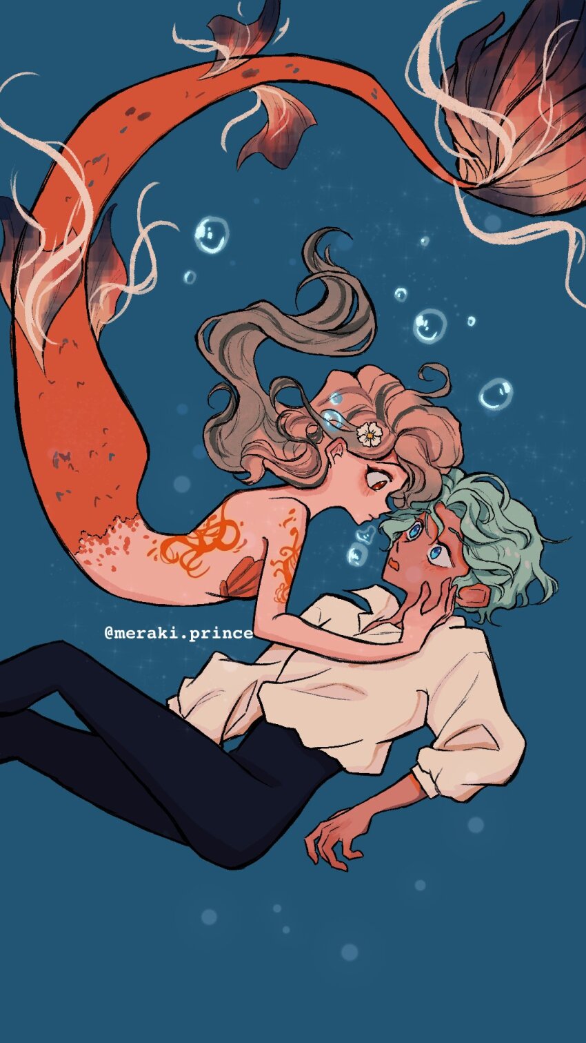 1boy, 1girl, air_bubble, arm_tattoo, artist_self-insert, back_tattoo, baggy_clothes, bikini, blush, bubble, collared_shirt, cove_holden, fins, fish_tail, flower, from_side, full_body, gradient_hair, green_hair, hair_flower, hair_ornament, hand_on_another's_neck, heart, hetero, highres, long_hair, looking_at_another, main_character_(our_life), medium_hair, meraooni, mermaid, monster_girl, multicolored_hair, orange_eyes, our_life, our_life:_beginnings_and_always, outstretched_arm, poppy_(flower), scales, shell, shell_bikini, shirt, swimsuit, tail, tattoo, underwater, very_long_hair, wavy_hair, white_shirt