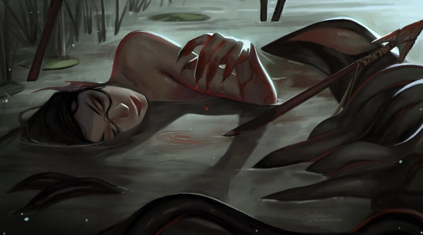 black_hair, cattail, closed_eyes, convenient_censoring, fingernails, fins, fish_tail, harpoon