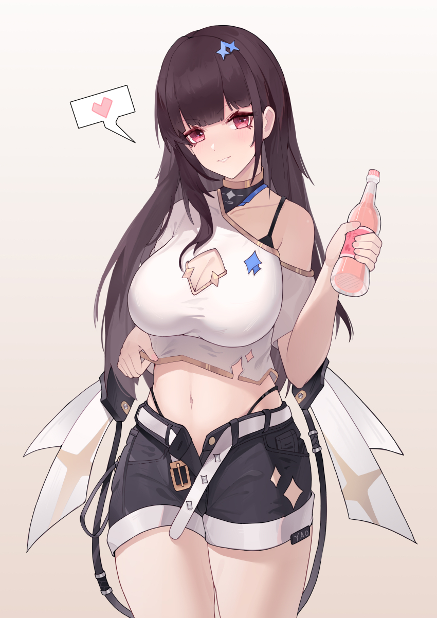 1girl, absurdres, alternate_costume, belt, black_shorts, blunt_bangs, bottle, bra_strap