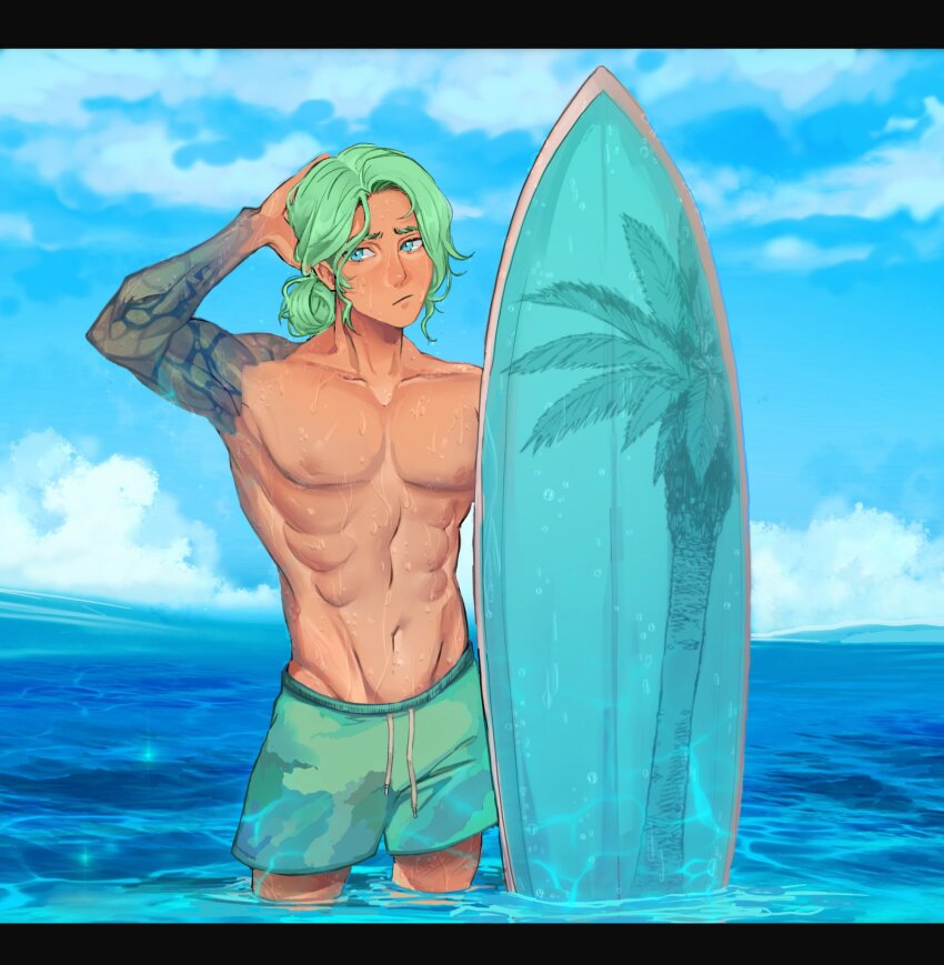 1boy, abs, arm_up, caustics, cloud, cloudy_sky, contrapposto, cove_holden