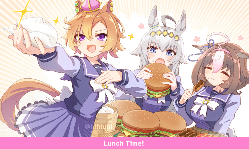 3girls, animal_ears, bamboo_steamer, blue_eyes, blush, bow, bowtie, breasts