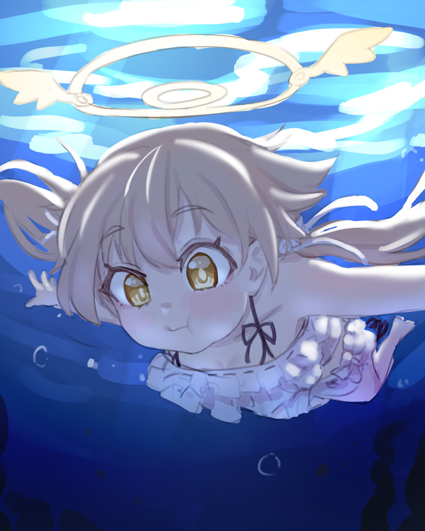 1girl, :t, absurdres, air_bubble, barefoot, bikini, blonde_hair, blue_archive