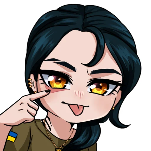 1girl, 3rd_assault_brigade, azov_battalion, black_hair, blush, border, brown_shirt, check_gesture