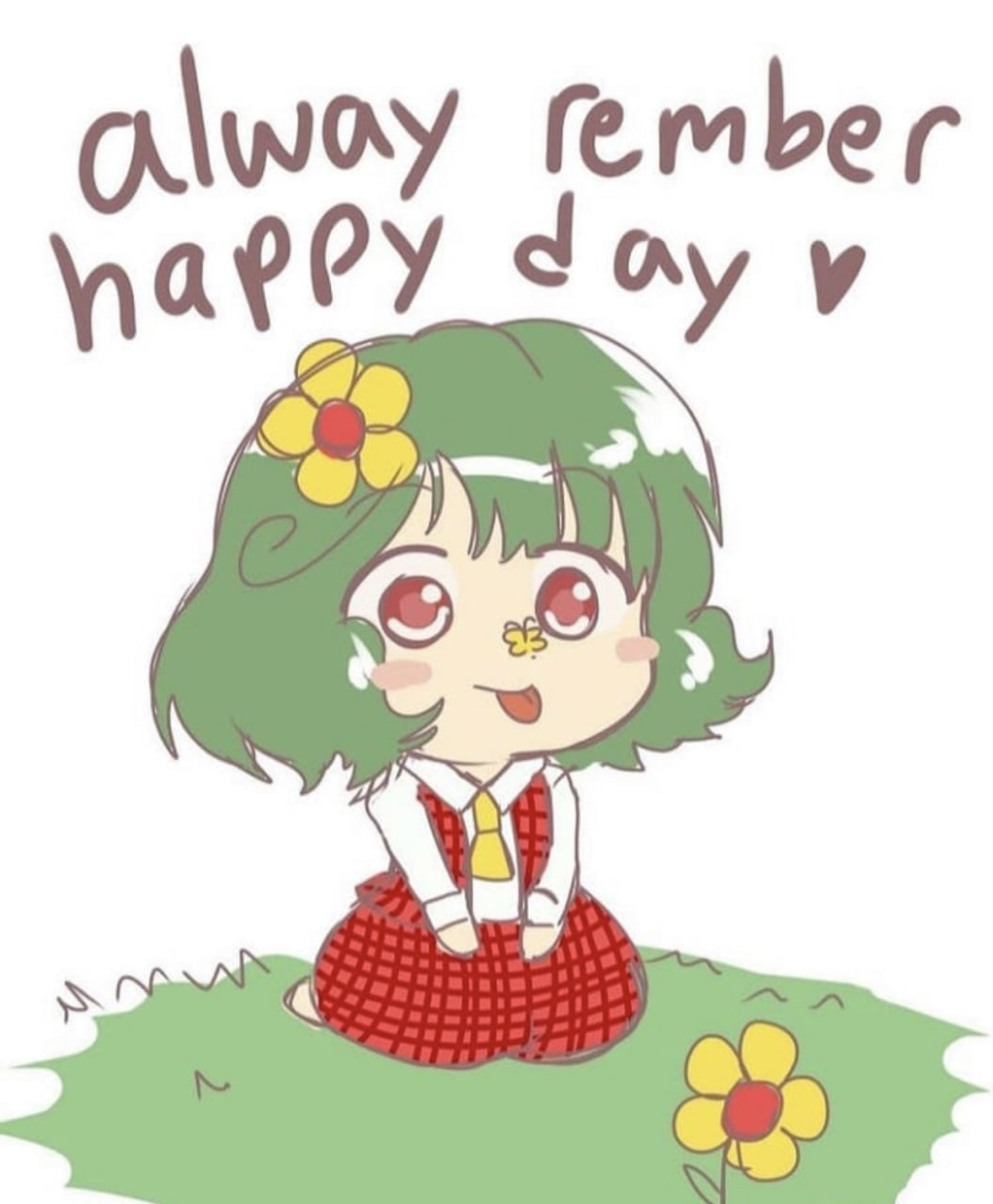 1girl, :p, ascot, blush_stickers, bug, butterfly, butterfly_on_nose, dot_nose, flat_color, flower, green_hair, gyate_gyate, hair_flower, hair_ornament, highres, insect, kazami_yuuka, kneeling, meme, open_clothes, open_vest, parasol, plaid_clothes, plaid_skirt, plaid_vest, red_eyes, red_vest, short_hair, simple_background, skirt, skirt_set, smile, soldierburger, solo, sunflower, tongue, tongue_out, touhou, umbrella, vest, yellow_ascot