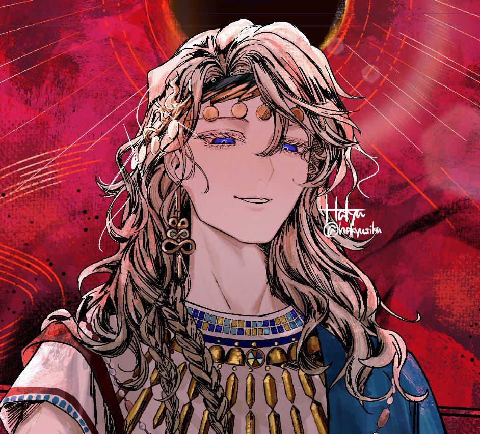 1boy, 6_(by_the_razed_polis)_(reverse:1999), 6_(reverse:1999), artist_name, blonde_hair, blue_eyes, earrings, grin