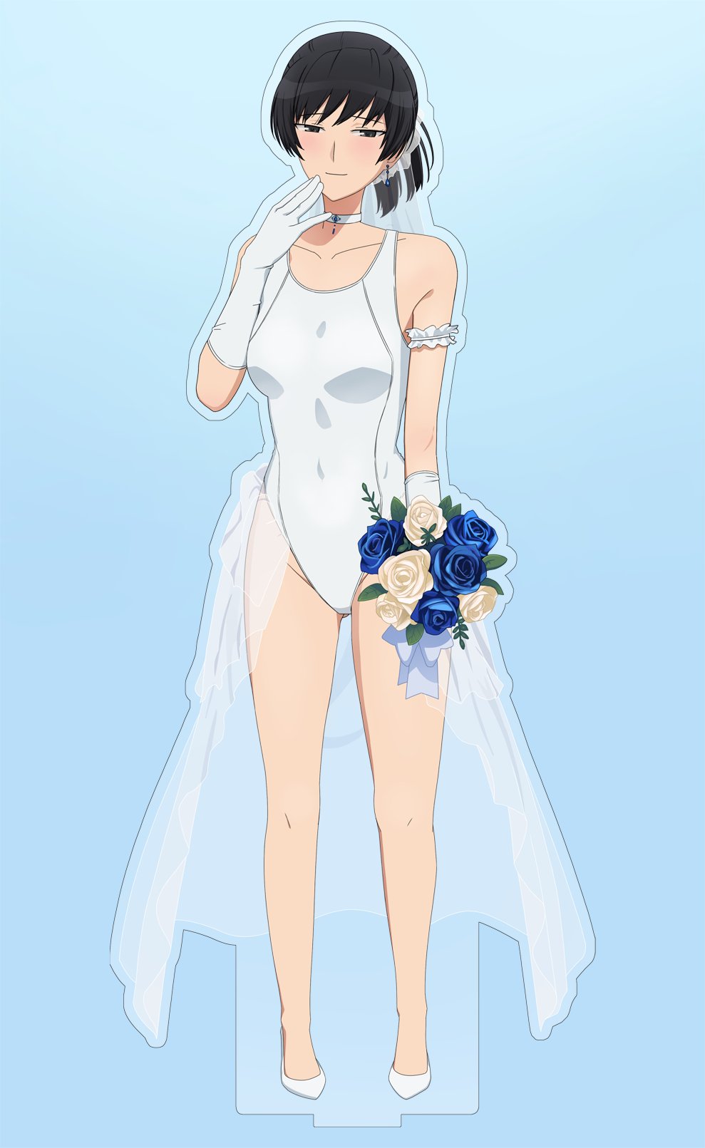 1girl, acrylic_stand_(medium), alternate_costume, amagami, black_eyes, black_hair, blue_background, bouquet