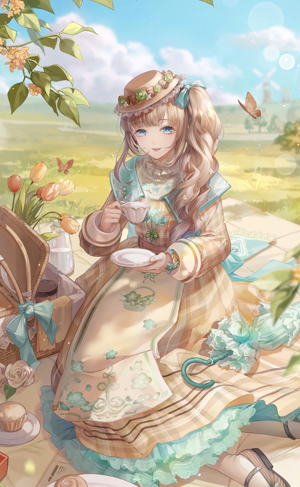 1girl, apron, aqua_bow, aqua_umbrella, artist_request, back_bow, blue_eyes, blue_sky