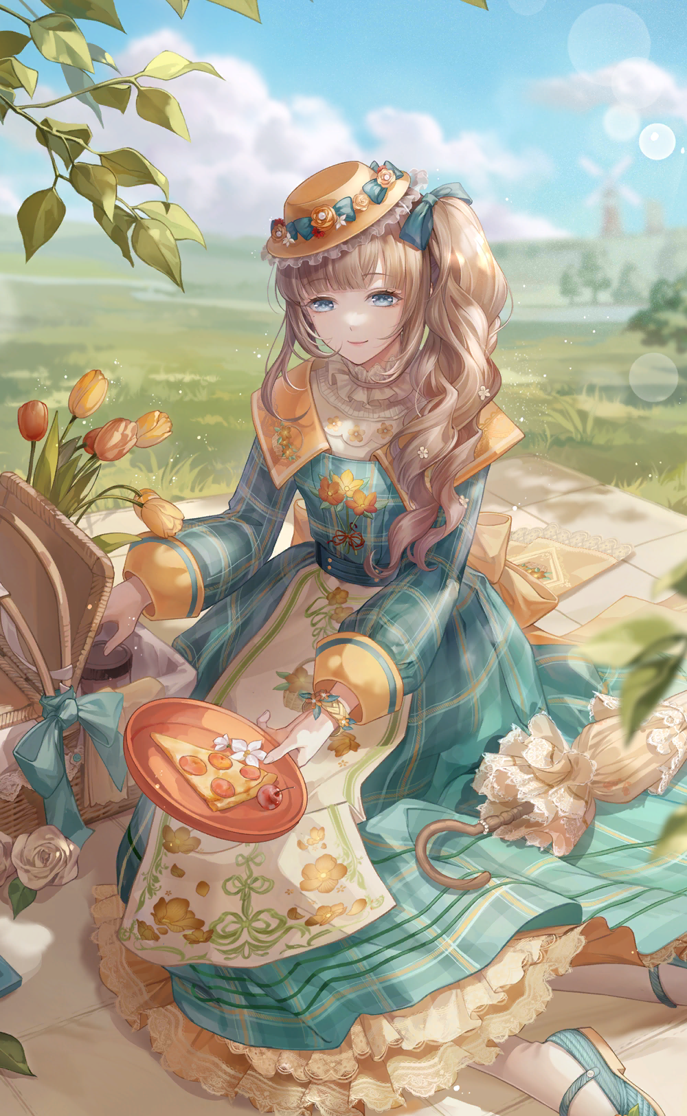 1girl, apron, aqua_bow, aqua_dress, aqua_shoes, artist_request, blue_eyes, blunt_bangs