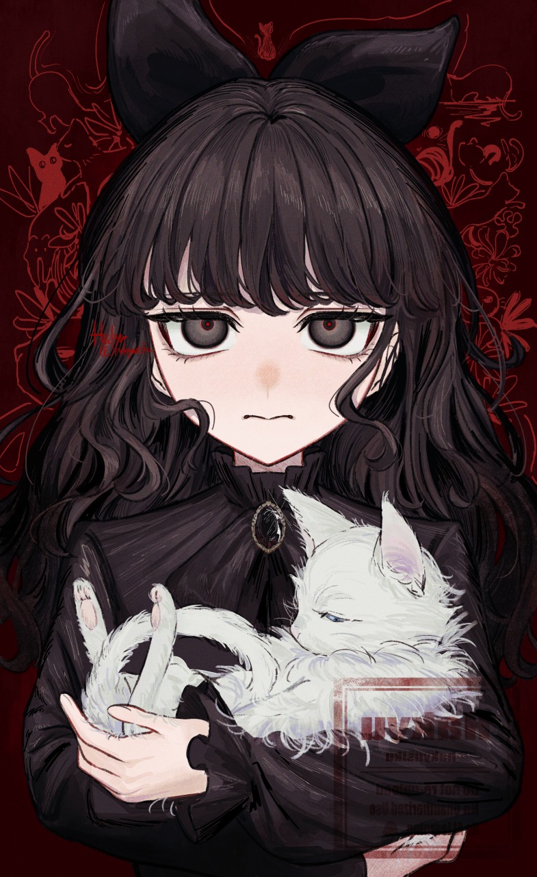 1girl, 3:, animal, animal_hug, black_bow, black_dress, black_eyes, black_hair