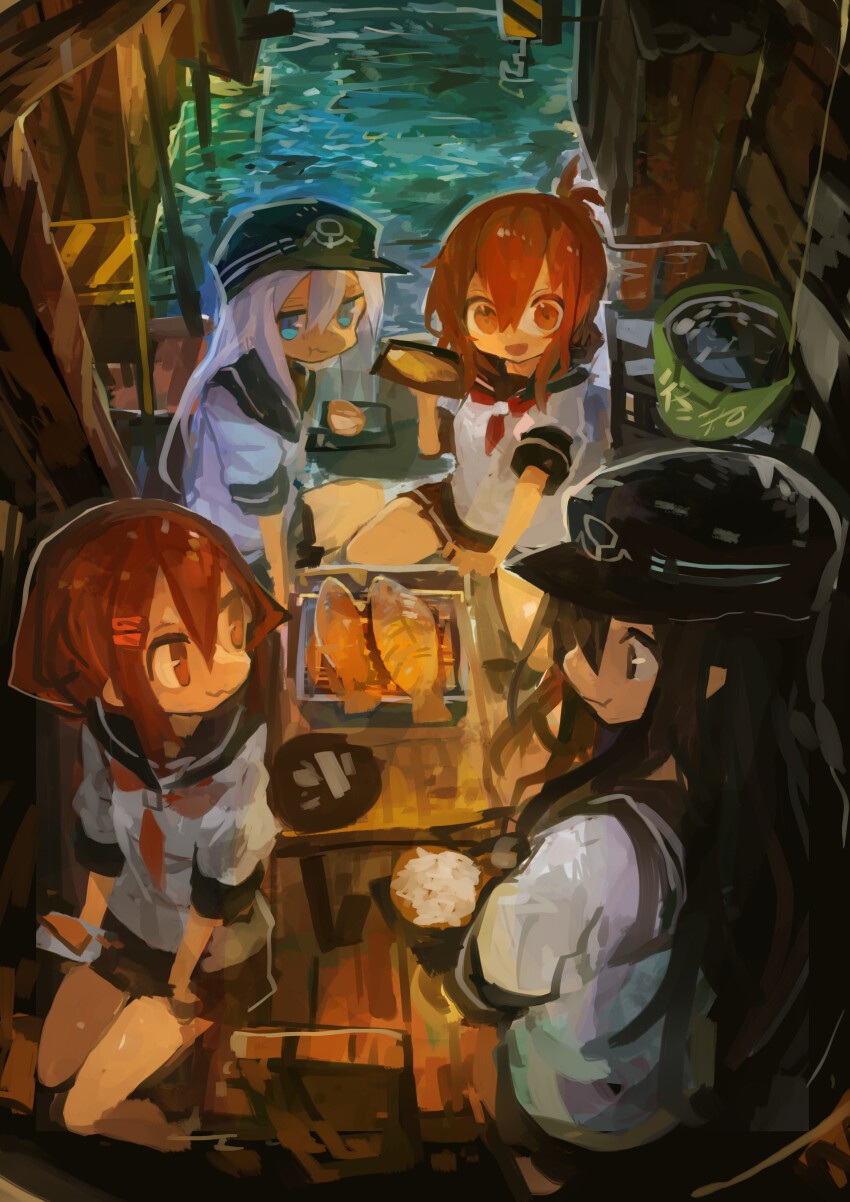 4girls, absurdres, akatsuki_(kancolle), anchor_symbol, black_hair, black_skirt, blue_eyes, bowl