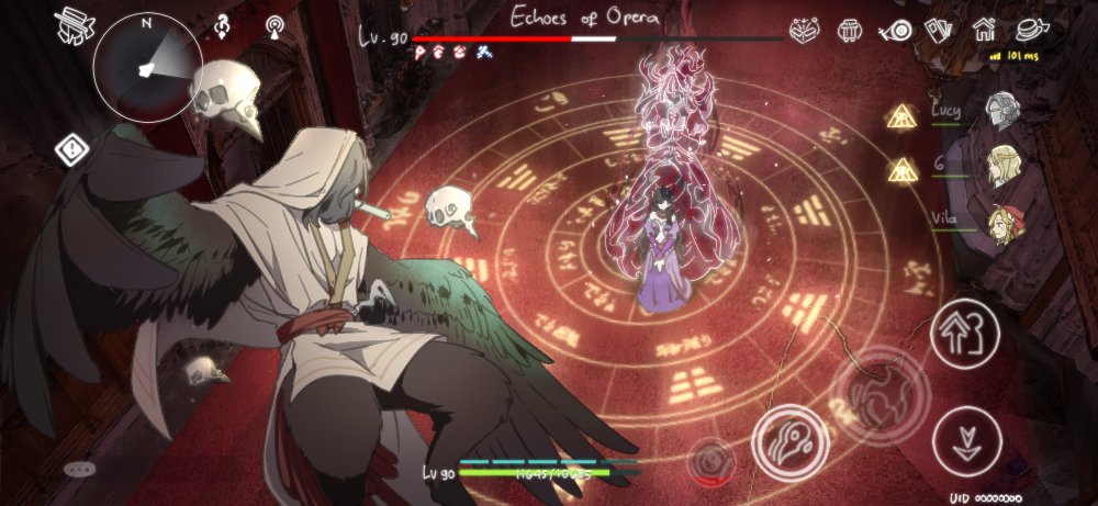 1boy, 1girl, 6_(reverse:1999), bagua, bird_legs, bird_wings, boss_fight, brown_feathers, brown_wings, chinese_clothes, dress, english_text, facing_another, fake_screenshot, feathers, fighting, from_above, gameplay_mechanics, getian_(reverse:1999), ghost, hanfu, harpy_boy, headscarf, health_bar, hnt_(1177tr1999), indoors, isolde_(reverse:1999), long_dress, lucy_(reverse:1999), minimap, monster_boy, purple_dress, red_carpet, reverse:1999, trigram, user_interface, vila_(reverse:1999), white_hanfu, white_headscarf, winged_arms, wings