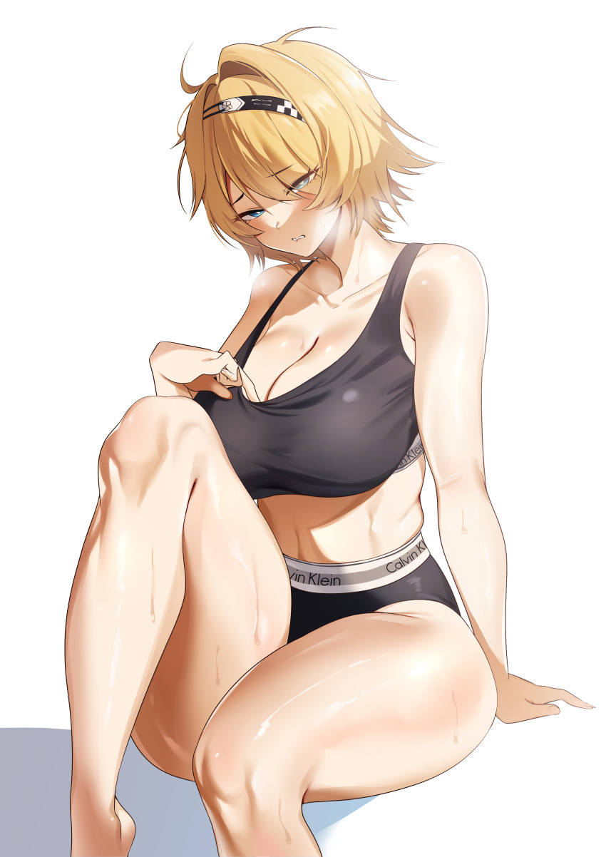 1girl, absurdres, arm_support, bare_shoulders, barefoot, black_headband, black_panties, black_sports_bra