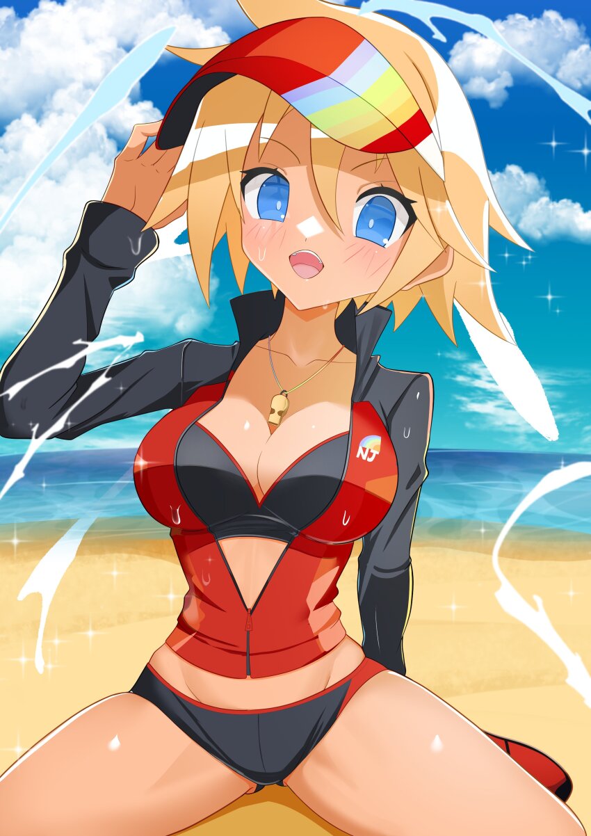1girl, absurdres, beach, blonde_hair, blue_eyes, breasts, cleavage, cloud