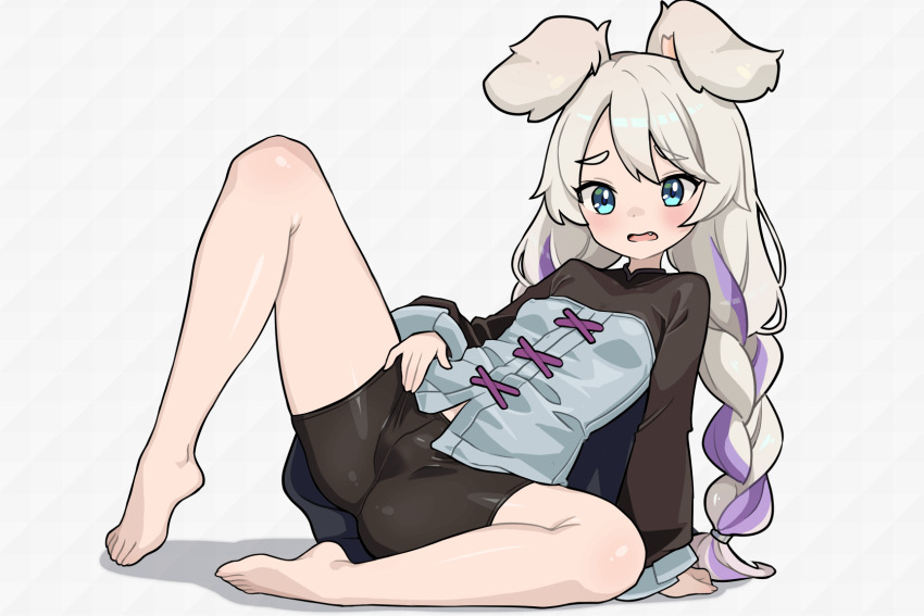 1girl, animal_ears, arm_support, barefoot, bike_shorts, black_shorts, blonde_hair, blue_eyes