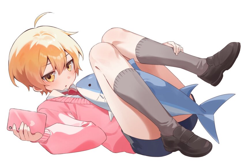 1boy, ahoge, black_shoes, black_shorts, blonde_hair, cellphone, grey_socks, highres