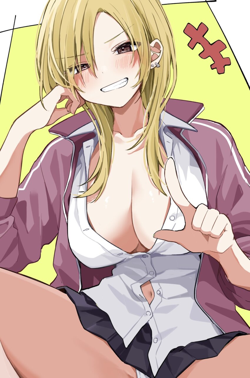 +++, 1girl, akutsu_riko, anmi_ilust, black_skirt, blonde_hair, blush, breasts, brown_eyes, cleavage, collared_shirt, commentary_request, delinquent, green_background, grin, highres, index_finger_raised, jacket, kaette_kudasai!_akutsu-san, long_hair, navel, open_clothes, open_jacket, panties, pantyshot, partially_unbuttoned, pleated_skirt, purple_jacket, school_uniform, shirt, skirt, smile, solo, underwear, white_panties, white_shirt