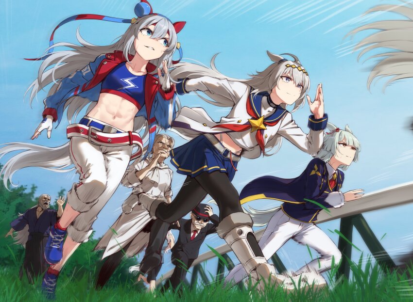 2boys, 4girls, abs, absurdres, ahoge, animal_ears, belt, black_hakama, black_hat, black_jacket, black_pants, black_pantyhose, blue_belt, blue_dougi, blue_eyes, blue_hairband, blue_jacket, blue_shoes, blue_skirt, boots, chef, collared_shirt, day, dougi, ear_covers, facial_hair, fingerless_gloves, fujimasa_march_(umamusume), gloves, grey_hair, grey_tail, hair_between_eyes, hairband, hakama, hat, headband, highres, horse_ears, horse_girl, horse_racing_track, horse_tail, jacket, japanese_clothes, long_hair, long_sleeves, looking_ahead, looking_at_another, midriff, motsunabe_(mo2nap3), multiple_boys, multiple_girls, musaka_ginjirou, mustache, navel, neckerchief, necktie, oguri_cap's_mother_(umamusume), oguri_cap_(starlight_beat)_(umamusume), oguri_cap_(umamusume), outdoors, pants, pantyhose, pleated_skirt, red_headband, red_neckerchief, red_necktie, running, sailor_collar, sailor_shirt, shirt, shoes, skirt, tail, tamamo_cross_(umamusume), umamusume, umamusume:_cinderella_gray, white_gloves, white_pants, white_shirt, yaeno_muteki's_trainer