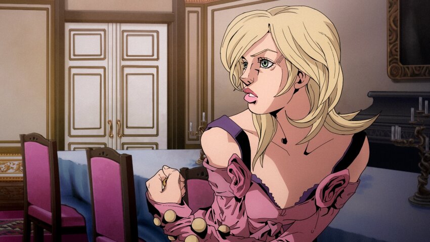 1girl, araki_hirohiko_(style), bare_shoulders, blonde_hair, breasts, bridal_gauntlets, candle, candlestand, chair, collarbone, commentary, door, dress, efrenrostran, english_commentary, eyeball, green_eyes, highres, holding, indoors, jojo_no_kimyou_na_bouken, long_hair, lucy_steel, makeup, official_style, pink_bridal_gauntlets, pink_dress, pink_lips, small_breasts, solo, steel_ball_run, table, teeth