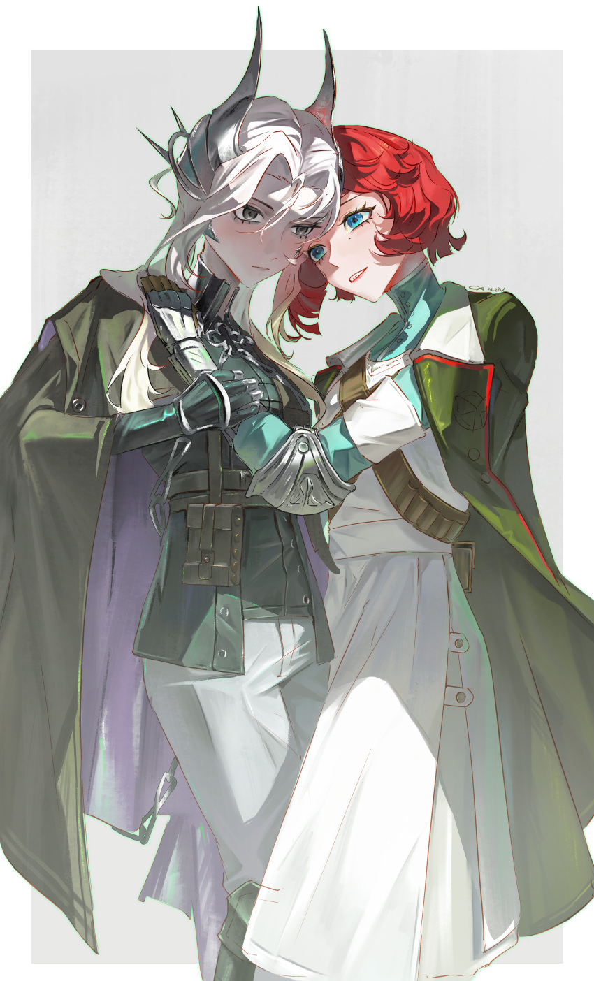 2girls, absurdres, armband, black_cape, black_gloves, black_jacket, blue_eyes, blue_shirt, border, cape, coat, coat_on_shoulders, couter, dress, feet_out_of_frame, gauntlets, gloves, green_coat, grey_background, grey_eyes, grin, hair_ornament, hand_on_another's_shoulder, heads_together, highres, holding_another's_arm, jacket, long_dress, maila_moguyu, marsha_(reverse:1999), military_uniform, mole, mole_under_eye, multiple_girls, outside_border, pants, red_hair, reverse:1999, sentinel_(reverse:1999), shirt, short_hair, shoulder_belt, smile, teeth, white_armband, white_border, white_dress, white_hair, white_pants, yuri