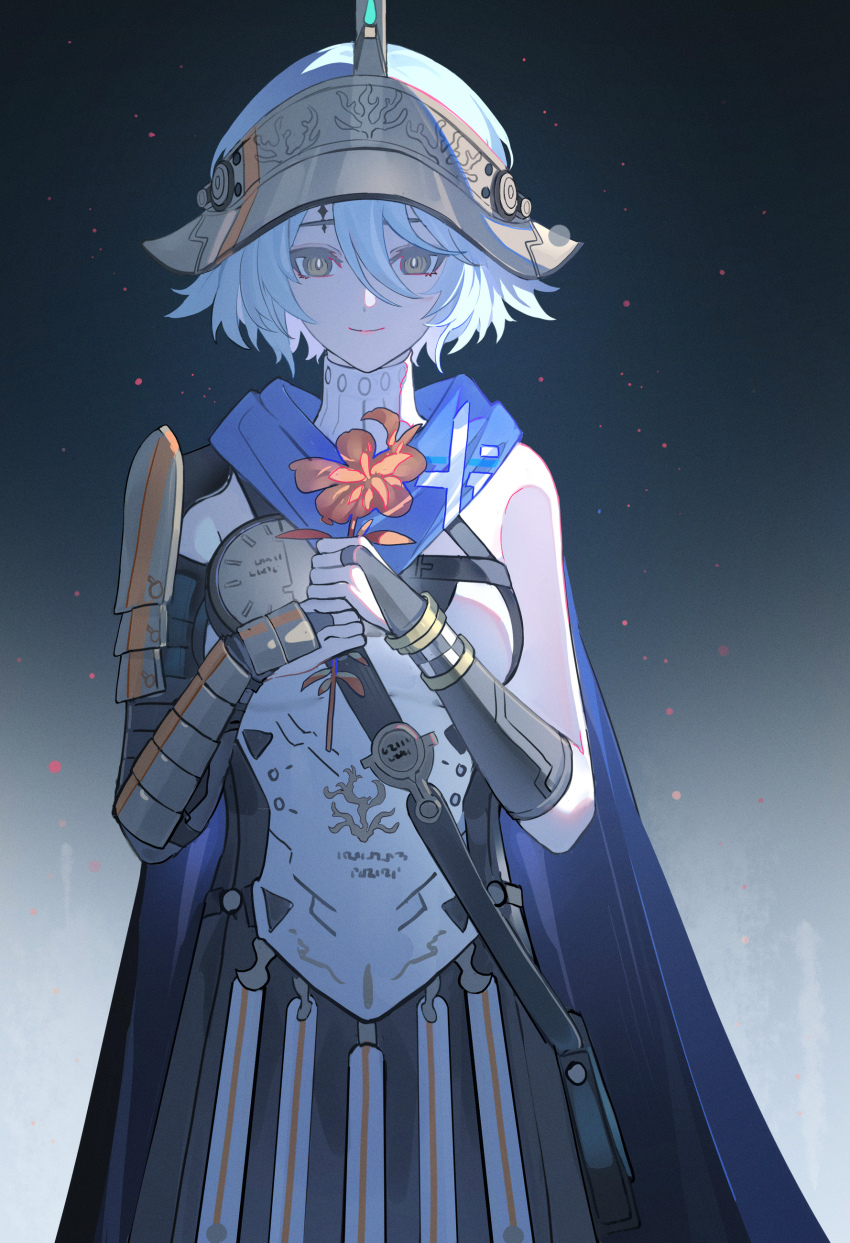 1girl, absurdres, armor, black_bridal_gauntlets, blue_cape, blue_hair, breasts, bridal_gauntlets, cape, closed_mouth, cowboy_shot, echj, flower, hair_between_eyes, helmet, highres, holding, holding_flower, light_smile, looking_at_viewer, medium_breasts, missing_commentary, mya_(wuthering_waves), red_flower, short_hair, shoulder_armor, solo, tacet_mark_(wuthering_waves), wuthering_waves, yellow_eyes
