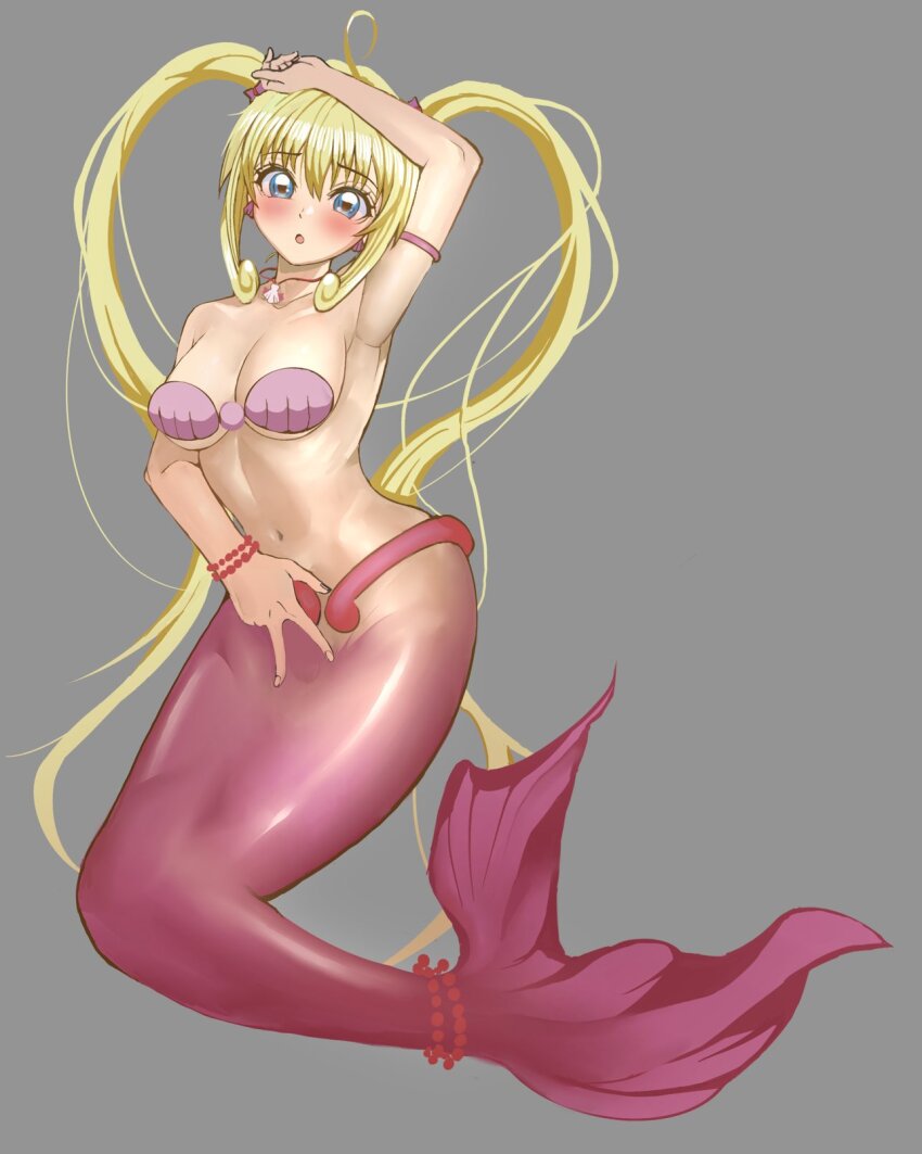 ahoge, bare_shoulders, bead_tail_ornament, bikini, blonde_hair, blue_eyes, commission, earrings