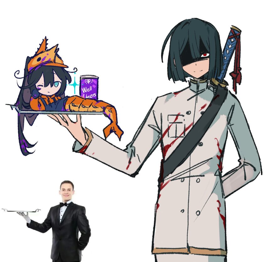 1boy, 1girl, black_hair, bob_cut, closed_mouth, crustacean, e.g.o_(project_moon), hand_up