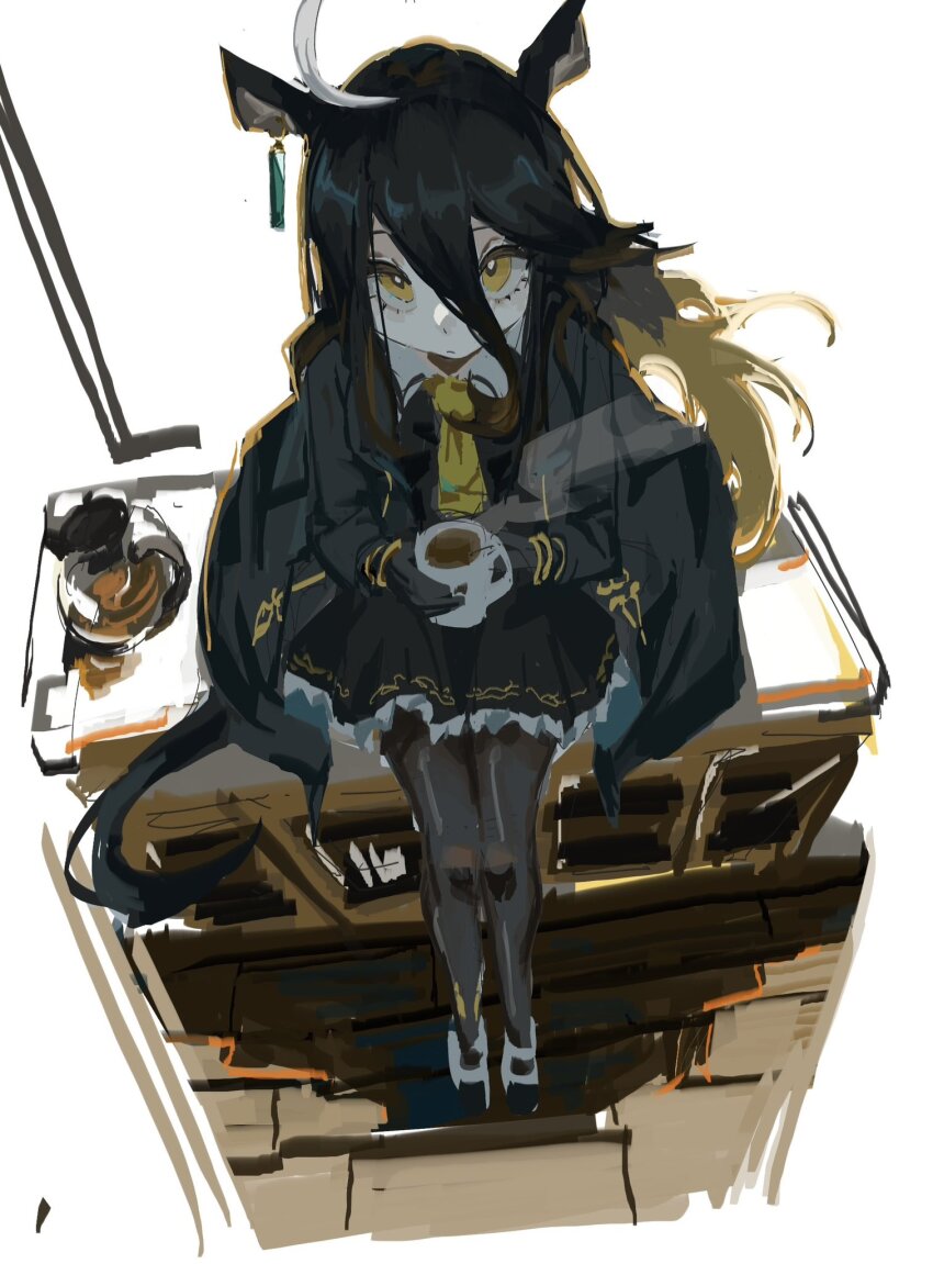 1girl, ahoge, animal_ears, black_coat, black_gloves, black_hair, black_pantyhose, black_skirt