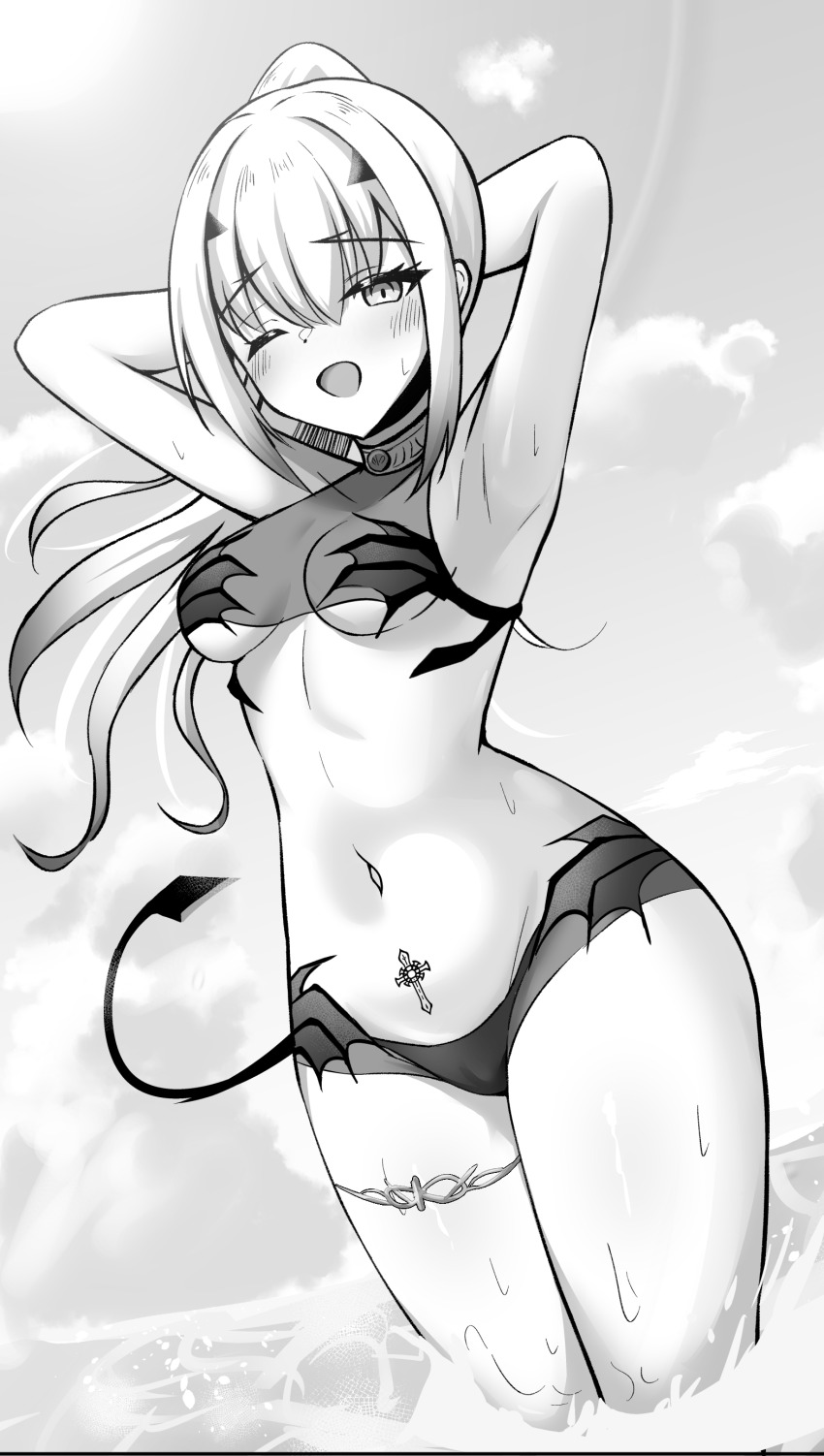1girl, absurdres, arms_behind_head, belly, bikini, black_bikini, breasts, cropped_jacket