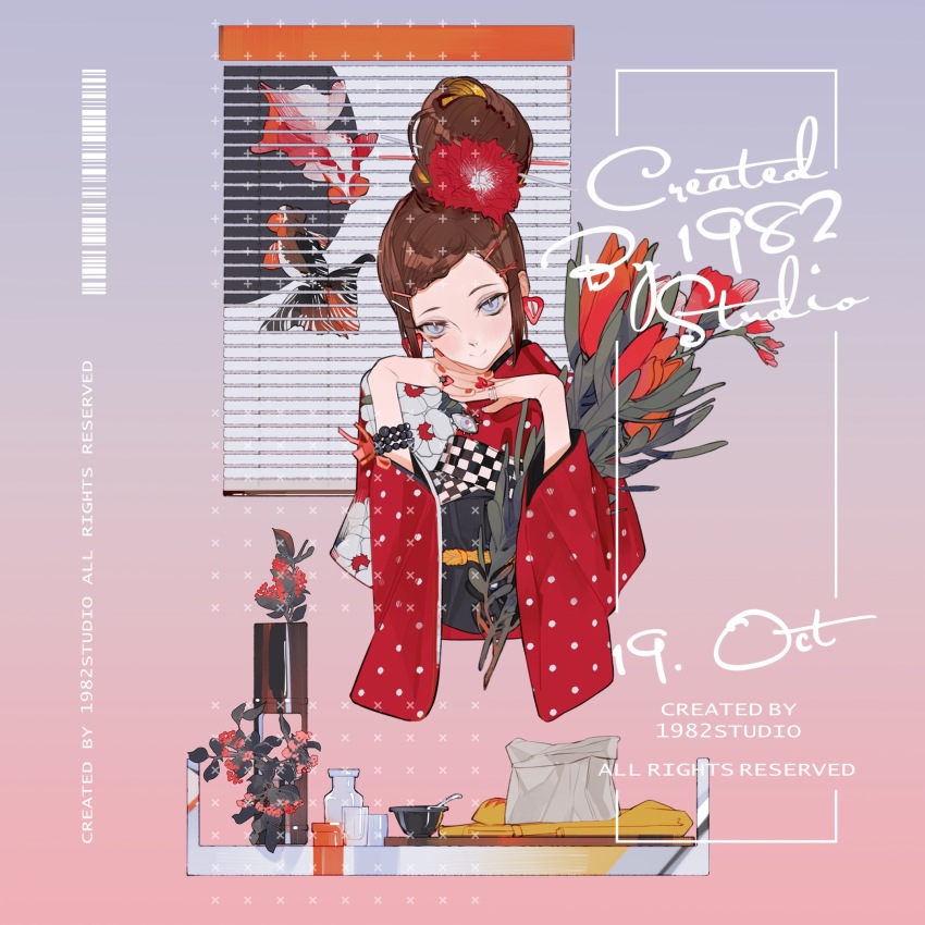 1girl, artist_name, bag, barcode, bead_bracelet, beads, blue_eyes, bouquet, bowl, bracelet, braid, braided_bangs, brooch, brown_hair, checkered_clothes, chinese_commentary, closed_mouth, cropped_torso, eye_symbol, eyepatch, fish, floral_print, floral_print_kimono, flower, flower_request, goldfish, gradient_background, grey_background, hair_bun, hair_flower, hair_ornament, hairclip, heart, heart_eyepatch, heart_ring, highres, holding, holding_bouquet, interlocked_fingers, japanese_clothes, jar, jewelry, kimono, light_blush, long_sleeves, looking_at_viewer, mole, mole_under_eye, multiple_rings, nail_polish, nickel_nike, obi, obiage, obijime, orange_flower, orange_nails, original, own_hands_together, paper_bag, pink_background, pinky_ring, polka_dot, polka_dot_kimono, print_kimono, red_flower, red_kimono, red_pupils, ring, sash, sidelocks, single_hair_bun, smile, solo, strawberry_ring, swept_bangs, tray, upturned_eyes, vase, window_blinds