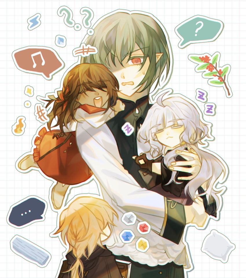 2boys, 2girls, absurdres, age_difference, aged_down, cowenna, eochaid_(mabinogi), highres, hug, loiscneach_(mabinogi), mabinogi, multiple_boys, multiple_girls, pmnnpi, rowan_(mabinogi), simple_background, sleeping