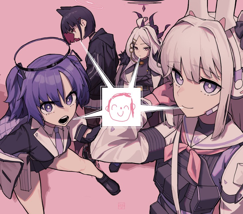 4girls, absurdres, ahoge, animal_ears, black_coat, black_hair, blast-7, blue_archive