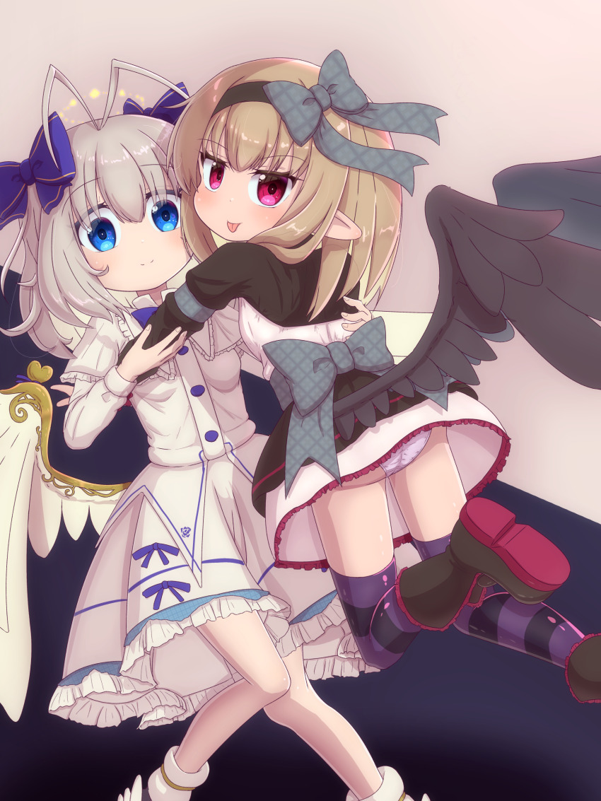 2girls, :p, absurdres, angel_feather_alma, antenna_hair, black_boots, black_dress, black_ribbon